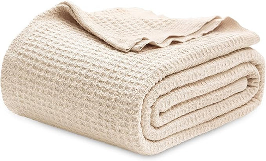 Bedsure 100% Cotton Blanket Twin XL Size for College Dorm - Breathable and Soft, Waffle Weave Twin Blanket for Summer, Dorm Room Essentials, Beige, 66x90 inches