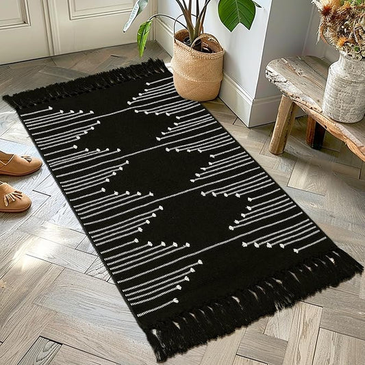 Tritard Boho Washable Area Rug 2x4.3 - Kitchen Bathroom Runner Rug with Tassels, Farmhouse Woven Cotton Entryway Throw Rugs Aztec Hallway Carpet Bath Mat for Bedroom, Laundry, Doorway, Black White