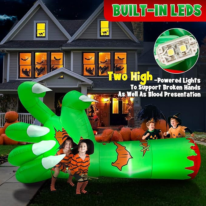 Halloween Inflatables, 9Ft Monster Hand Decorations, Scary Blow Up inflatables with Built-in LEDs, Blood Wound Lighted Yard Decorations, for Indoor Outdoor Holiday Yard Garden Lawn