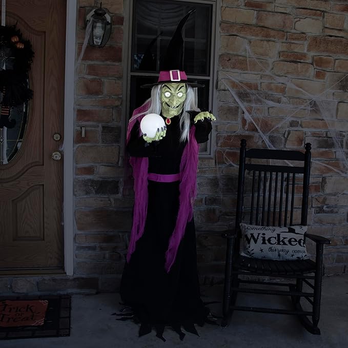 Haunted Hill Farm 6-Ft. Tall Fortune Teller Witch, Plug-in Motion-Activated Talking Scare Prop Halloween Animatronic for Indoor or Covered Outdoor Creepy Decorations