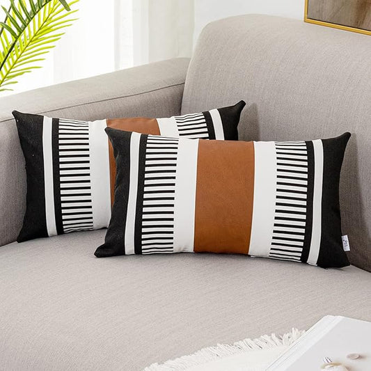 Boho Striped Lumbar Pillow Covers 12x20 inch, Modern Leather Couch Pillowcase,Farmhouse Home Decor, Black (Pack of 2, Cover ONLY)