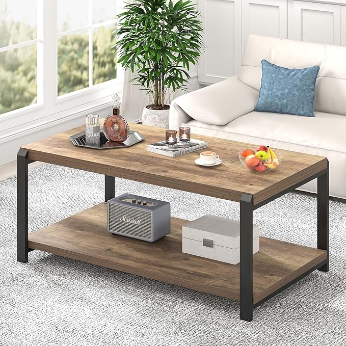 EXCEFUR Modern Coffee Table, Rustic Wood and Metal Center Table for Living Room, Industrial Rectangle Cocktail Tea Table with Storage, Oak