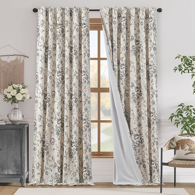 jinchan Lined Linen Blend Curtain Floral Curtains for Living Room 108 Inches Extra Long Black Peony Flower Printed Curtain Back Tab Farmhouse Patterned Drapes Bedroom Window Curtain Set 2 Panels