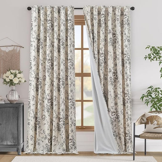 jinchan Lined Linen Blend Curtain Floral Curtains for Living Room 108 Inches Extra Long Black Peony Flower Printed Curtain Back Tab Farmhouse Patterned Drapes Bedroom Window Curtain Set 2 Panels