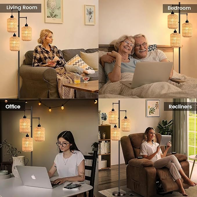 Floor Lamp for Living Room,Bedroom,3-Lights Boho Rattan Tree Floor Lights,Industrial Black Farmhouse Standing Lamp Wicker Rustic Tall Lamp,Woven Bamboo LampShade Floor Lamps Bohemian