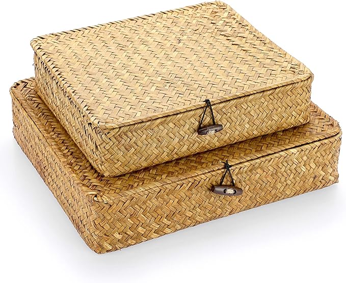 Hipiwe Set of 2 Flat Woven Wicker Storage Bins with Lid Natural Seagrass Basket Boxes Multipurpose Home Organizer Bins Boxes for Shelf Organizer, Caramel