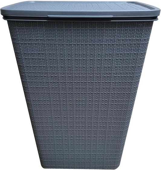 YBM Home Plastic Rattan Laundry Hamper Basket with Hinged Lid, Ventilation Holes, Durable, Lightweight Bin With Cutout Handles, Storage Dirty Clothes, Space Saver, 16.75" x 13.5" x 23.75", Grey