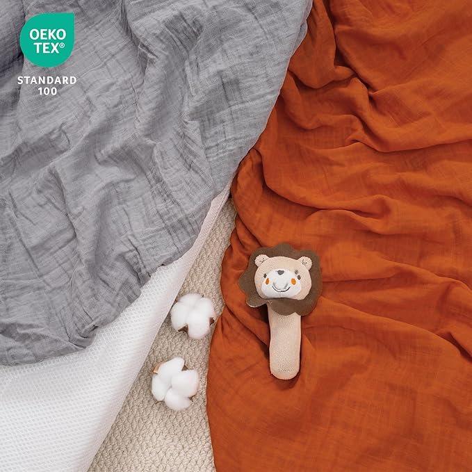 Muslin Mini Crib Sheets, 2 Pack Cotton Pack N Play Sheets for Boys Girls Neutral, Soft Breathable Baby Sheets Fit Pack N Play, Playard and Mini Crib Mattresses, Brown & Grey