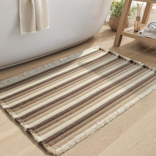 tchdio Striped Bath Mat Rug, Super Absorbent Non Slip Bath Mats for Bathroom Floor 3D Woven Gradient Bathroom Mat with Tassels Machine Washable Bathroom Rugs Beside Tub, 24" x 36", Brown
