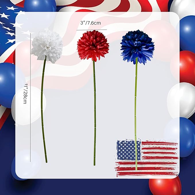 Mandy's Red White Blue Artificial Ball Chrysanthemum 12 Stems Faux Flowers with Bendable Stems for DIY Wedding Centerpiece Fall Decor Home Arrangements