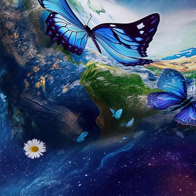 AILONEN Blue Butterfly Shower Curtain 72" W*72" H,Mystic Galaxy Earth Starry Bathroom Decor,Modern Floral Butterfly Bath Curtain Polyester Waterproof Bathroom Curtain with 12 Hooks