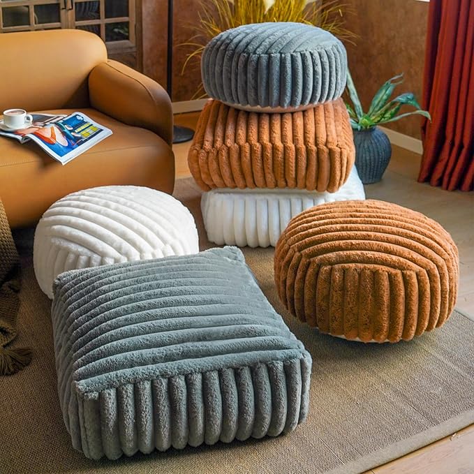 Unstuffed Pouf Ottoman Soft Bean Bag Storage Farmhouse Pouf Cover 20x20x8 Inches Decorative Floor Footrest for Living Room Bedroom Outdoor (Caramel, Round)