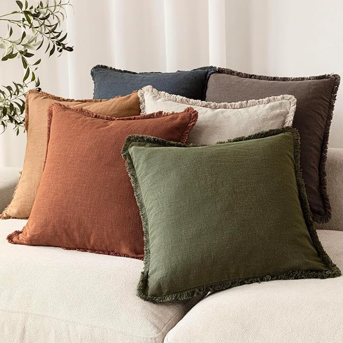 Foindtower Set of 2 Decorative Linen Fringe Throw Pillow Covers Farmhouse Cushion Cover with Tassels Soft Accent Pillowcase for Couch Chair Sofa Bed Living Room Home Decor,18×18 Inch,Fall Rust Orange