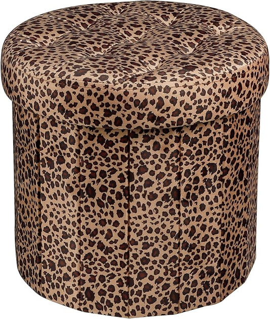Storage Ottoman, Folding Foot Stool with Thicker Foam Padded Seat Small Velvet Storage Ottoman Foot Rest for Living Room Foldable Coffee Table 14x14x13in, Leopard Print