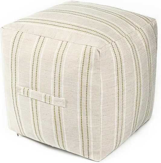 AELS Unstuffed Farmhouse Pouf Cover for Living Room, Boho Storage Bean Bag Cubes, Beige with Brown Stitch Yarn Dyed Stripe Linen Square Ottoman Pouf Foot Rest Footstool, 18"x18"x18", Cover ONLY