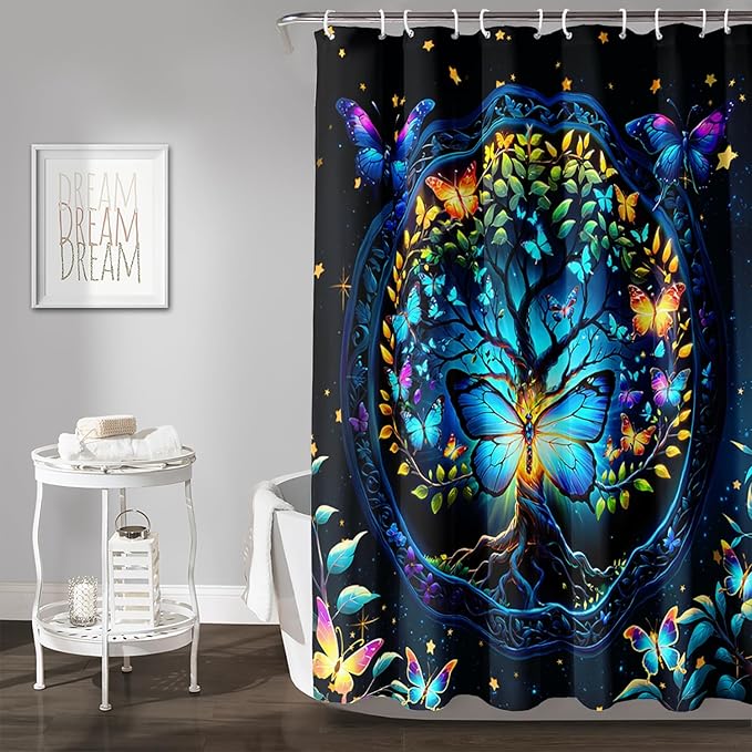 AILONEN Tree of Life Shower Curtain for Bathroom,Glowing Butterfly Starry Bath Curtain,Modern Tree Floral Print Curtain Decoration Waterproof with 12 Plastic Hooks for Boys Girls Adults 48" W*72" H