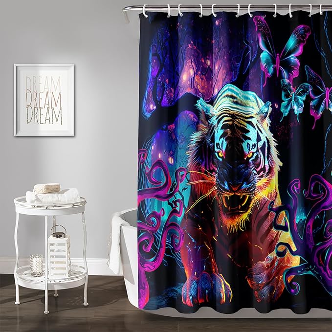AILONEN 3D Tiger Shower Curtain for Bathroom,Purple Magic Forest Wildlife Printed Bath Curtain,Boys Roaring Tiger Decoration Shower Curtain Waterproof 72" W*78" H