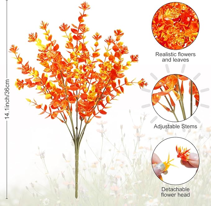 Ouddy Decor 24 Bundles Artificial Fall Flowers for Outdoor Decoration UV Resistant Fake Mums Fall Plastic Flowers Faux Plants for Autumn Indoor Outside Patio Planters Window Home Decor, Orange Yellow