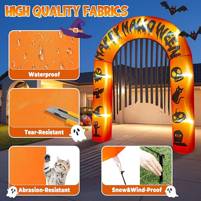 Halloween Arch Inflatables, 8.5ft Pumpkin Archway Outdoor, Blow Up Archway Decoration with Built-in LEDs, Printing with Happy Halloween & Witch Hat Pumpkin&Skull&Cat&Hand, Bats for Yard