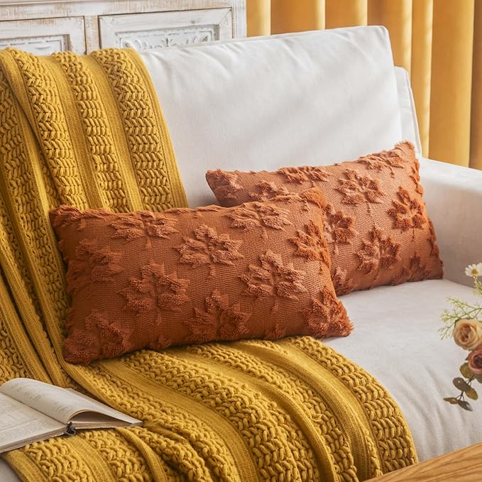 Maple Leaf Fall Throw Pillow Covers 12"x20" Set of 2, Rust Red Farmhouse Decorative Pillow Covers for Autumn Harvest Holiday Accent Pillow Cases, Faux Fur Pillow Covers for Couch Bed Room