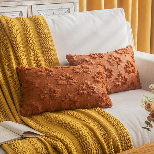 Maple Leaf Fall Throw Pillow Covers 12"x20" Set of 2, Rust Red Farmhouse Decorative Pillow Covers for Autumn Harvest Holiday Accent Pillow Cases, Faux Fur Pillow Covers for Couch Bed Room