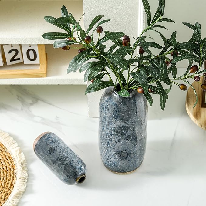 Flower Vase,Grey Blue Ceramic Vases Set of 2,Flower Vase for Home Decor,Decorative Vase for Pampas Grass, Boho Decorative Vase for Home Living Room Dining Table Farmhouse Office Decor