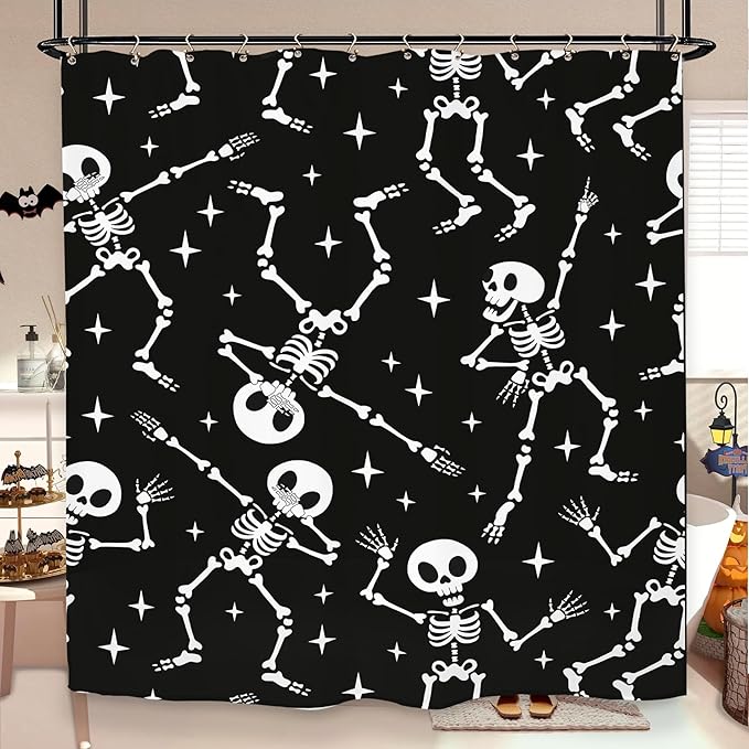 Skull Skeleton Halloween Shower Curtain 60Wx72L Inch Funny Black White Scary Horror Spooky Dancing Day of The Dead Holiday Bathroom Set Accessories Decor with 12 Pack Hooks