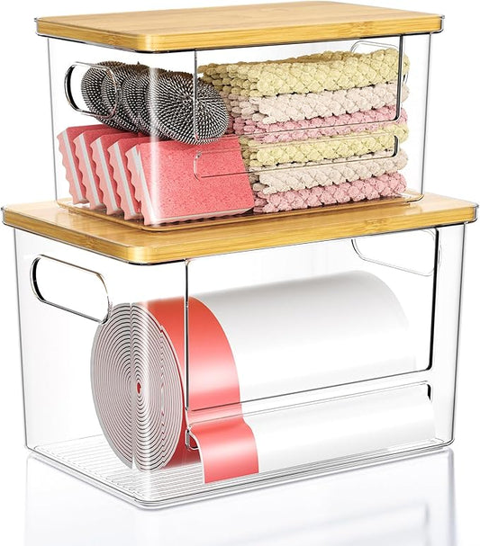 Trash Bag Dispenser 2-Pack, Stackable Trash Bag Holder with Bamboo Lid – Clear Plastic Garbage Bag Organizer for 4-33 Gal Bags, Space-Saving Under Sink Organizer for Kitchen, Laundry, Pantry