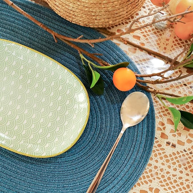 Noctiflorous Oval Braided Placemats Set of 4 Woven 12x18 Inch Non Slip Washable Heat Resistant Place Mats Tablemats for Dining Kitchen Party Daily Table Decor Dinner Mats (Teal Blue, 4)