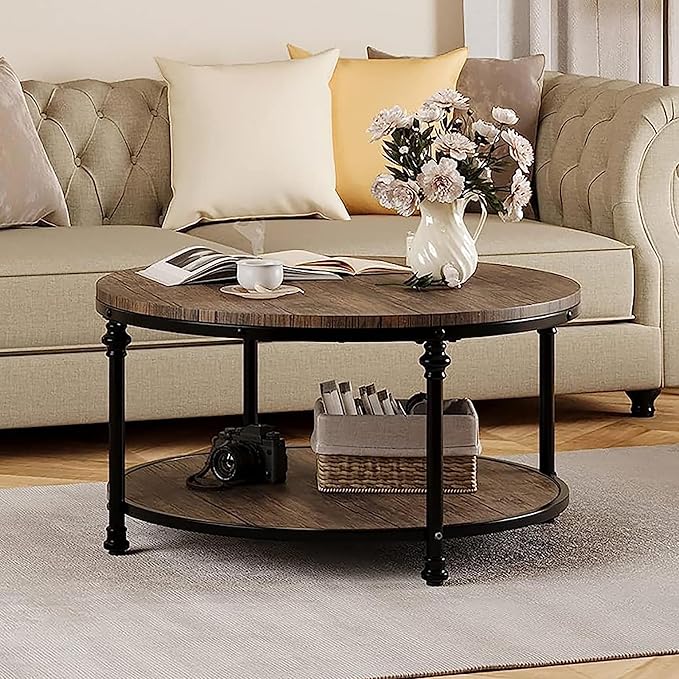 IDEALHOUSE Round Coffee Table for Living Room Rustic Center Table with Storage Shelf Wood Circle Coffee Table with Sturdy Metal Legs, Easy Assembly