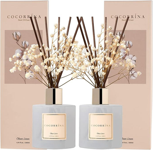 Cocorrína Reed Diffuser Set, 6.7 oz Clean Linen 2 Packs Scented Diffuser with Sticks Home Fragrance Reed Diffuser for Bathroom Shelf Decor