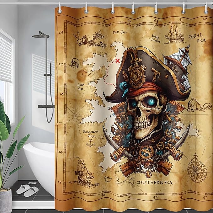 AILONEN Pirate Skull Shower Curtain for Bathroom,Vintage Ocean Nautical Bath Curtain Decoration,Pirate Captain Old Map Print Waterproof Shower Curtain with 12 Plastic Hooks, 36" W*72" H