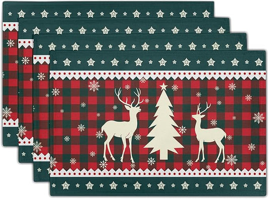 Christmas Elk Snowflakes Placemats Set of 4 for Dining Table,Xmas Reindeer Red Green Buffalo Plaid Washable Table Mats Placemats for Winter Kitchen Holiday Coffee Place Mat 18 x12 Inch