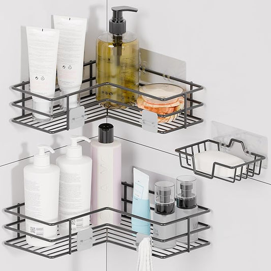 Corner Shower Caddy 3 Pack, Adhesive Shower Organizer with 4 Hooks And Soap Holder, Rust Proof Bathroom Shelf Wall Mounted Shower Shelves