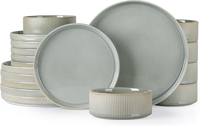 TheTerra Ceramic Dinnerware Sets for 6, 18 Pieces Porcelain Lightweight Plates and Bowls Sets, Scratch Resistant Dish Set, Oven & Microwave & Dishwasher Safe, Desert Sage