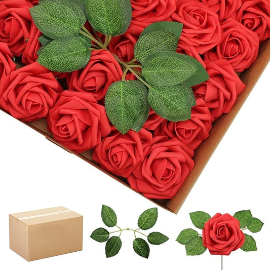 200PCS Red Artificial Flowers Roses Real Looking Foam Fake Roses with Leaves for DIY Wedding Bouquets Bridal Shower Party Decorations (Red, 200)