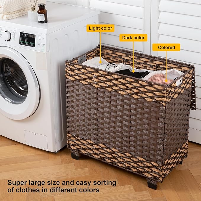OIAHOMY Laundry Hamper with Lid, 140L Synthetic Rattan Clothes Hamper with Handles, Handwoven Large Laundry Basket with 3 Removable Liner Bags, Foldable, Laundry Room, 27*13*26 Inches, Gradient Brown
