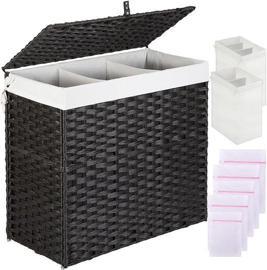 Greenstell Laundry Hamper with Lid, 125L Large Clothes Hamper with 3 Section & 2 Section Removable Liner Bags & 5 Mesh Laundry Bags, Handwoven Synthetic Rattan Divided Laundry Basket, Black
