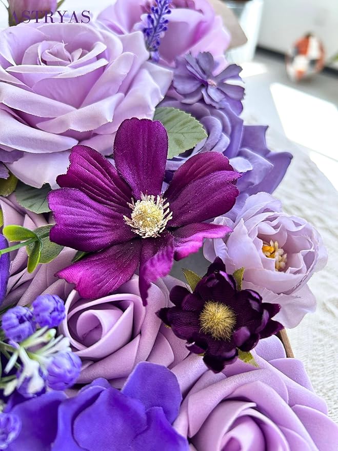 ASTRYAS Artificial Purple Flowers Combo Box Set Mix Silk Flowers Dahlia Roses with Stems for DIY Wedding Bouquets Centerpieces Arrangements Party Bridal Baby Shower Home Decorations