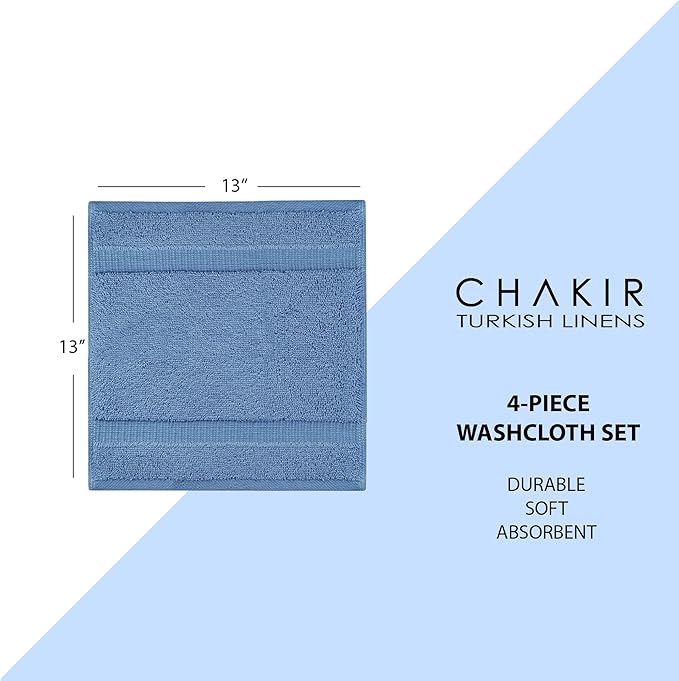 Chakir Turkish Linens | Hotel & Spa Quality 100% Cotton Premium Turkish Towels | Soft & Absorbent (4-Piece Washcloths, Wedgewood)