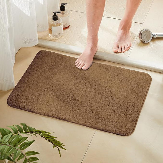 TECHMILLY Fluffy Bathroom Rug Mat 24x17, Absorbent Thick Non Slip Microfiber Mats, Quick Dry Machine Washable Bath Rug for Bathroom Floor, Bathtub and Shower, Tan