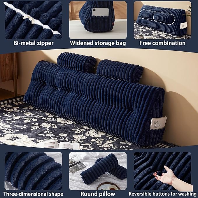 Faux Fur Headboard Pillow with 2 Pack Neck Roll Pillow Large Headboard Pillow Soft and Supportive with Removable Cover (Blue, King)