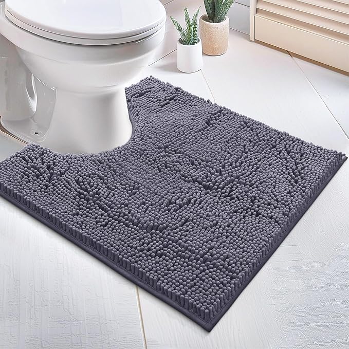 Bathroom Rugs Sets 2 Piece, Luxury Chenille Bath Mat Set, Soft Plush Anti-Slip Bath Rug + U-Shaped Toilet Mat. Microfiber Shaggy Carpet, Super Absorbent (24” x 36” & 20” x 24” U, Dark Grey)