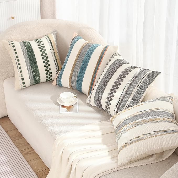 Tosleo Christmas Green 18x18 Pillow Covers Set of 2 Boho Throw Pillow Covers Striped Decorative Pillow Cases Accent Chenille Pillow Cases Farmhouse Cushion Case Accent Nuetral Textured Pillow Cover