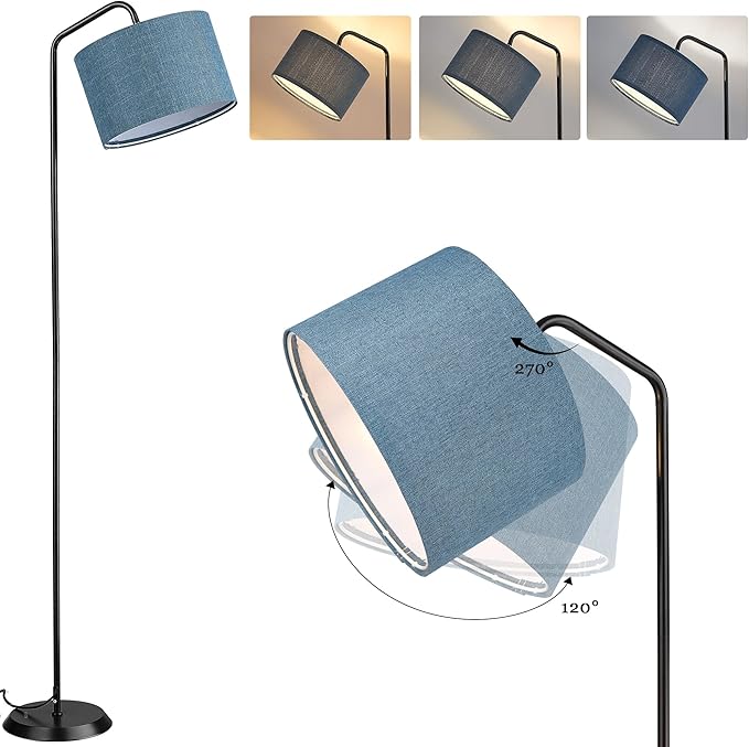 ELYONA LED Floor Lamp with 3 Color Temperatures, Modern Reading Standing lamp with Blue Linen Adjustable Hanging lampshade, Tall Pole Metal Lamp with 9W Bulb for Bedroom, Living Room, Office