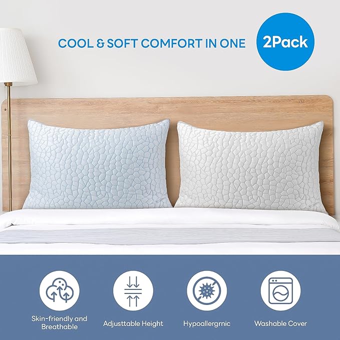 Adjustable Shredded Memory Foam Pillows, Cooling Pillows Standard Size Set of 2, Support Yet Soft Pillow Side Back Stomach Sleepers with Washable Removable Ice Silk Cover