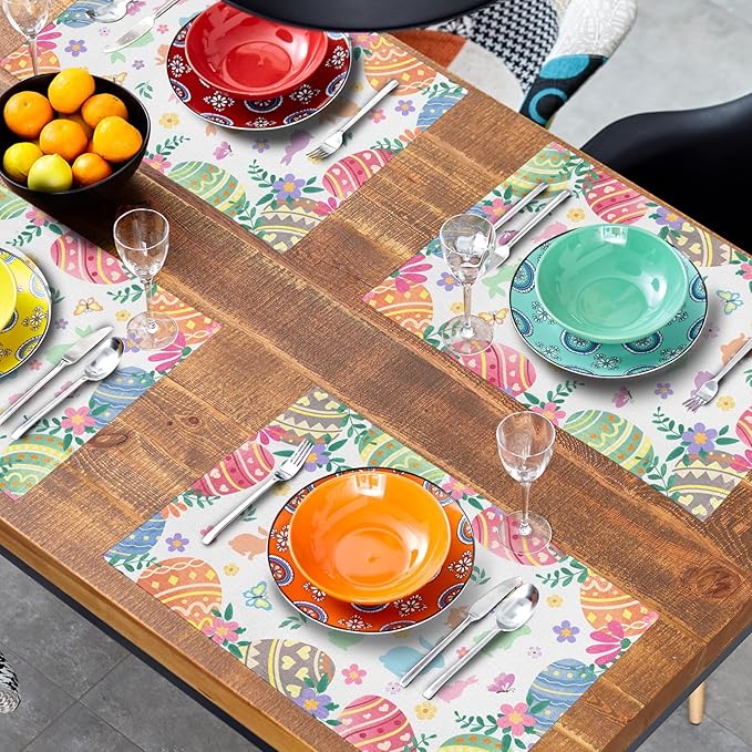 Easter Placemats Set of 4 Colorful Eggs Flowers Easter Bunny Rabbits Heat Resistant Washable Spring Seasonal Table Mats 12x18 Inch for Holiday Party Kitchen Dining Decoration