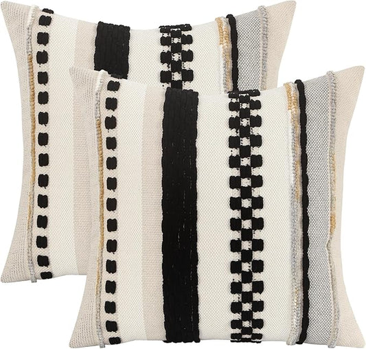Tosleo Boho Throw Pillow Covers 18x18 Set of 2 Striped Decorative Pillow Cases Accent Chenille Pillowcases Farmhouse Cushion Case Bohemian Nuetral Textured Pillow Cover,Black and Beige