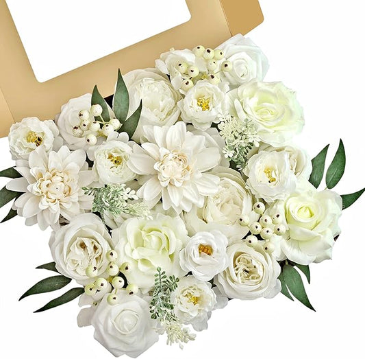 MISSPIN Artificial Flowers DIY Box Set Fake Roses Bouquet Bridal Wedding Flowers Colorful Centerpiece Table Decorations Boho Faux Floral with Stems Arrangements for Cake Home Party Indoor Outdoor