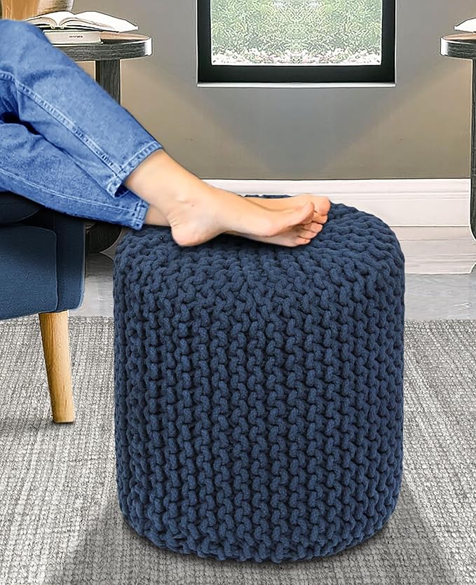 COTTON CRAFT Braided Round Pouf - Hand Knitted Cotton Cord Cable Dori Cylindrical Ottoman - Foot Stool - Floor Pouf - Footrest - Accent Seat - Living Room Bedroom Dorm Décor - 15 Round x 16 H - Blue